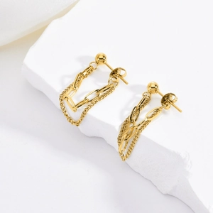 Golden double-layer titanium steel chain tassel earrings with spherical stud and U-shaped links
