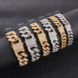 Hip hop iced out Cuban link bracelets in gold and silver colors, 11mm to 18mm widths