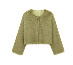 Detail of green faux fur short jacket showing luxury plush texture and round neckline