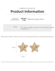 Detail view of 1.5cm star stud earrings with micro-pave cubic zirconia and dimensions