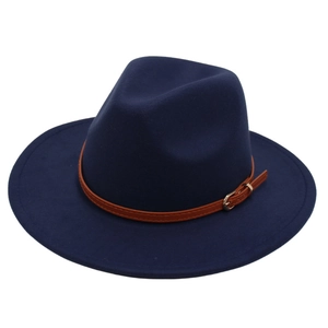 Navy blue fedora wool hat with brown faux leather belt buckle on white background