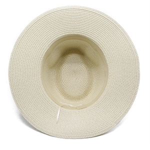 Inside view of beige straw hat showing adjustable drawstring and sweatband detail