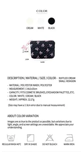 Detail view of mini pleated cosmetic bag with pink bow pattern and size specifications