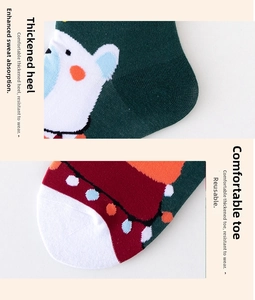 Close-up of reinforced heel and toe on Christmas socks with festive reindeer pattern