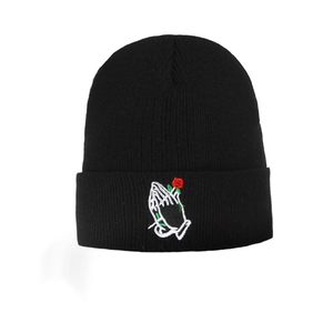 Fashionable black knitted beanie with colorful rose and praying hands embroidery
