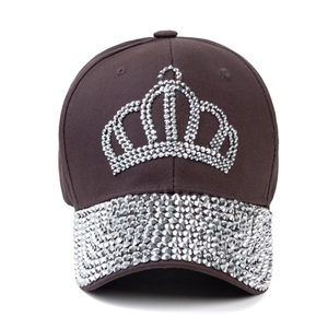 Detail of crown rhinestone pattern on dark brown cotton baseball cap for women