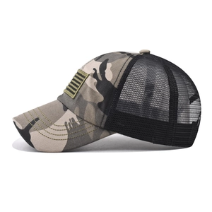 Camo baseball cap with American flag embroidery and breathable black mesh panels