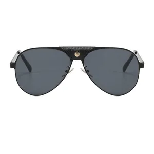 Punk pilot sunglasses with black leather bridge and gold studs on a metal frame