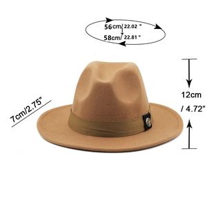 Dimensions détaillées du chapeau fedora en laine incluant largeur du bord et hauteur