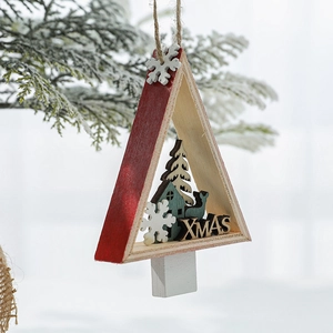 Triangle wooden Christmas ornament with XMAS letters and reindeer for tree decoration