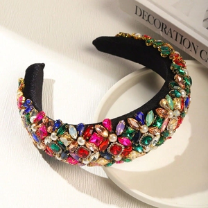 Elegant Baroque sponge headband with multicolor crystals and pearls on black fabric base