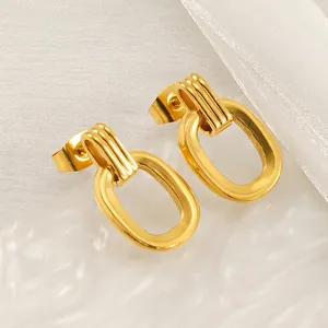 Boucles D'oreilles Puces Géométriques Ovales Acier Inoxydable Plaquées Or 18K Créoles Rayées Texture Femmes