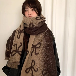 Women Thick Knit Bow Pattern Scarf Winter Warm Faux Cashmere Shawl Dual Use Jacquard Scarf With Tassels Korean Style Accessory