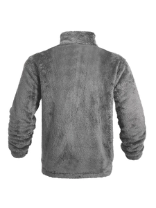 Back view of gray fleece stand collar jacket showing soft textured fabric for winter
