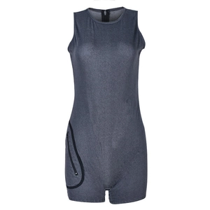 Close-up of the black zipper pocket on dark grey sleeveless denim bodysuit