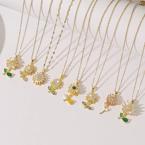 Rotating sunflower necklace with sparkling crystals in gold finish for women fashion