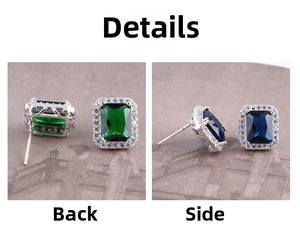 Detail view of emerald and blue rectangle gem stud earrings with halo micro-pave setting
