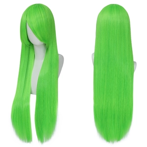 Detailed front and back view of long straight green cosplay wig with bangs and sleek finish