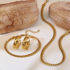 18K Gold Plated 304 Stainless Steel Braided Wheat Spike Curb Chain Necklace Bracelet Hoop Earrings Women French Vintage Style