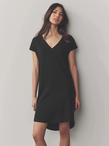 Elegant black slim-fit V-neck short sleeve mini dress in soft cotton jersey fabric