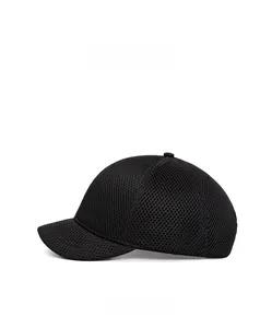 Side view of black mesh baseball cap showing breathable texture and short brim detail