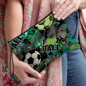 Soccer themed makeup bag with vibrant football graffiti print and durable zipper
