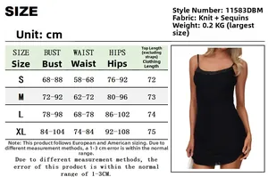 Size chart showing S-XL dimensions for backless sequin patchwork knit mini dress