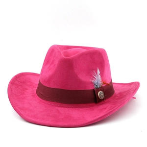 Hot pink wide brim western cowboy hat with ethnic feather trim and vintage buckle
