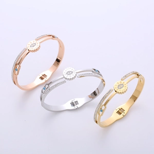 Evil Eye Bangle Bracelet 304 Stainless Steel Rhinestone Enamel Spring Opening Hip Hop Jewelry For Women