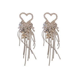 Sparkling silver needle heart tassel earrings with crystals for a glamorous evening look