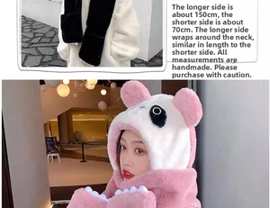 Pink and white plush panda 3-in-1 hat with long scarf and pockets 150cm length