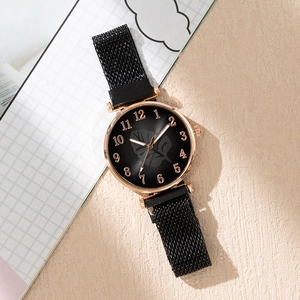 Fashion women's quartz watch with rose gold case, leaf pattern dial and magnetic mesh strap