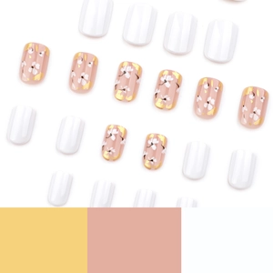 Short square white flower press-on nails with gold foil accents on a neutral base