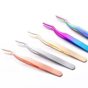 Set of five stainless steel eyelash tweezers in rose gold, silver, gold and rainbow finishes