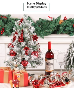 Christmas tree decoration set with red and silver ornaments near a cozy white fireplace