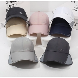 Detail of outdoor sun hats with retractable brims in seven colors for hiking and fishing