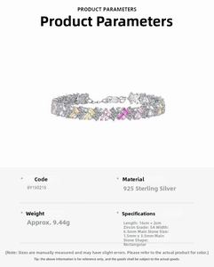 Detailed spec sheet for S925 silver bracelet with colorful cubic zirconia stones