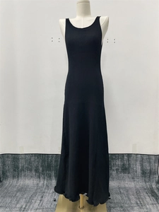 Detail of black knit maxi dress showing vertical ribbed texture and sleeveless cut