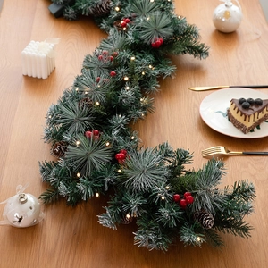 Christmas Garland With LED Lights Pinecones Red Berries Ornaments For Staircase Fireplace Mantle Holiday Home Decor Festive Artificial Greenery