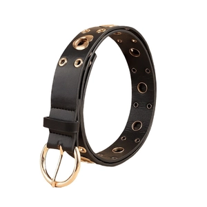 Punk style black leather belt with gold heart-shaped eyelets and round buckle on white background