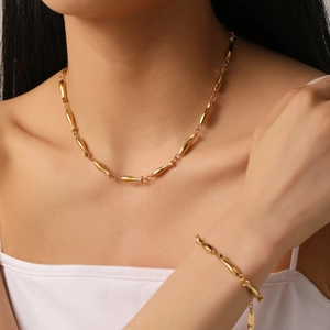 Fish Link Chain Necklace And Bracelet 18K Gold Plated Stainless Steel Minimalist Geometric Women Fashion Accessory