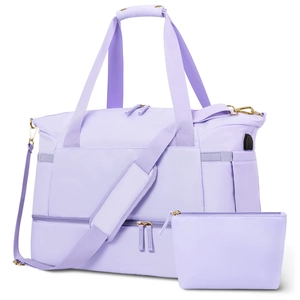 Waterproof lavender fitness duffel bag with USB port and matching toiletry pouch