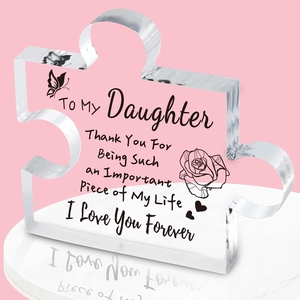 Acrylic puzzle plaque gift for daughter with butterfly and rose prints on pink background