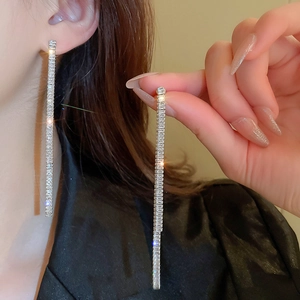 Elegant long silver tassel earrings with sparkling zircon fringe for women stylish look