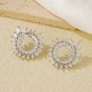 Elegant silver leaf wreath stud earrings featuring sparkling marquise cut cubic zirconia