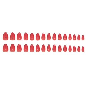Glossy deep red gradient almond shaped press-on nails in dual row layout on white backdrop