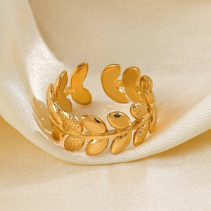 Bague réglable en forme de feuille en acier inoxydable plaqué or 18 carats pour femme