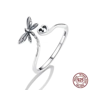 Retro S925 sterling silver open ring featuring dragonfly and heart shape design