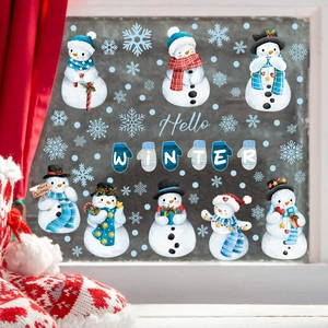Blauwe sneeuwvlok en sneeuwpop raamstickers set voor kerst en winter glas decoratie
