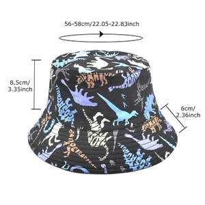 Black bucket hat with colorful dinosaur prints and size guide showing brim measurements